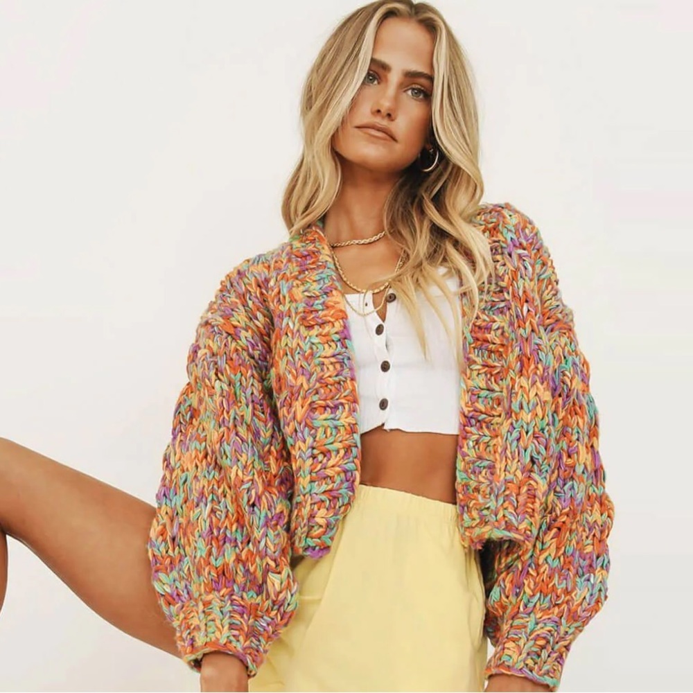 Balloon sleeve multicolored rainbow chunky yarn cardigan